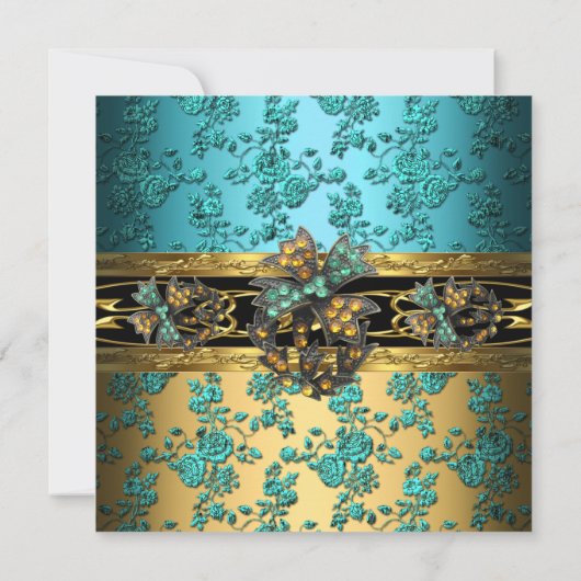 Birthday Party Damask Blauwgroen Blue Gold 2 Kaart (Achterkant)