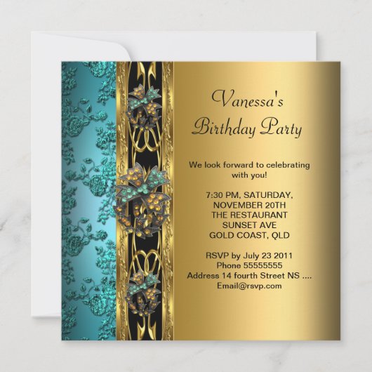 Birthday Party Damask Blauwgroen Blue Gold 2 Kaart (Voorkant)