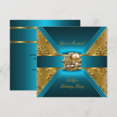 Birthday Party Damask Blauwgroen Blue Gold Invite Kaart (Voorkant / Achterkant)