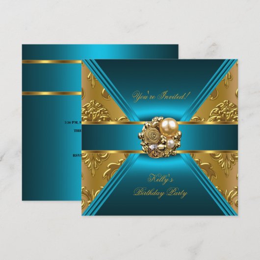 Birthday Party Damask Blauwgroen Blue Gold Invite Kaart (Voorkant / Achterkant)
