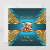 Birthday Party Damask Blauwgroen Blue Gold Invite Kaart (Voorkant)