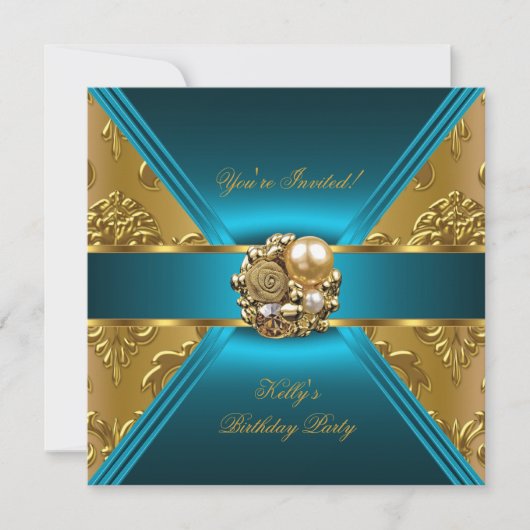 Birthday Party Damask Blauwgroen Blue Gold Invite Kaart (Voorkant)