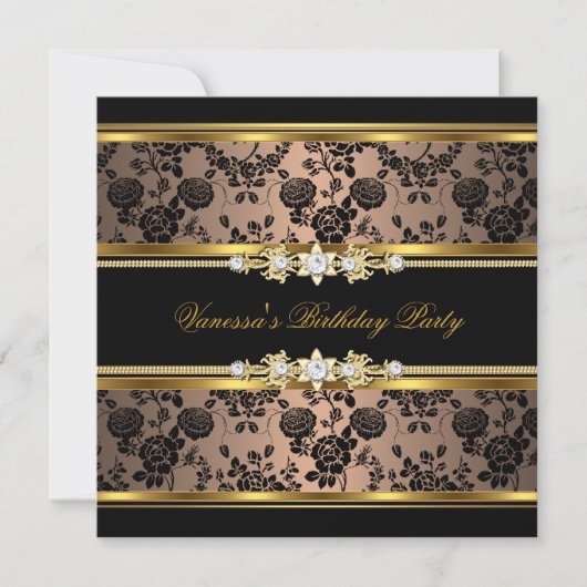 Birthday Party Damask Coffee Gold Black Kaart (Voorkant)