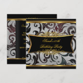 Birthday Party Damask Floral Black Gold White Kaart (Voorkant / Achterkant)