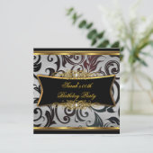 Birthday Party Damask Floral Black Gold White Kaart (Staand voorkant)