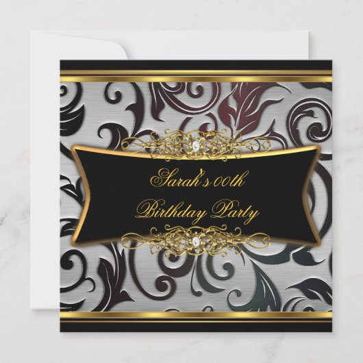 Birthday Party Damask Floral Black Gold White Kaart (Voorkant)