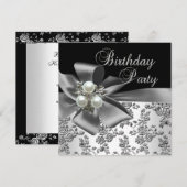 Birthday Party Damask Pearl Silver White Black Kaart (Voorkant / Achterkant)