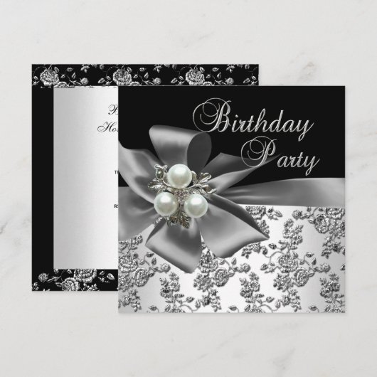 Birthday Party Damask Pearl Silver White Black Kaart (Voorkant / Achterkant)