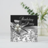 Birthday Party Damask Pearl Silver White Black Kaart (Staand voorkant)