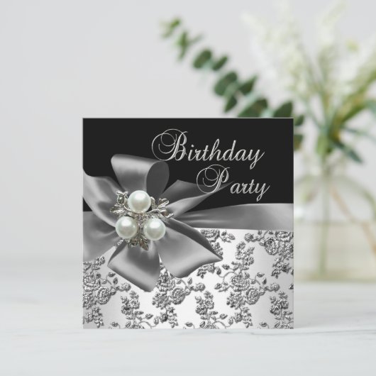 Birthday Party Damask Pearl Silver White Black Kaart (Staand voorkant)