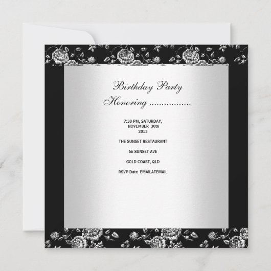 Birthday Party Damask Pearl Silver White Black Kaart (Achterkant)