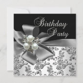 Birthday Party Damask Pearl Silver White Black Kaart (Voorkant)
