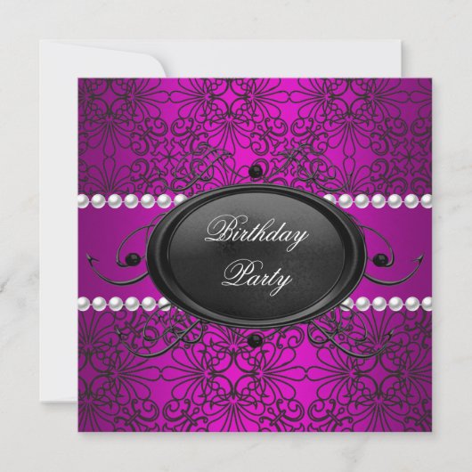 Birthday Party Damask Pink Paars White Black Kaart (Voorkant)