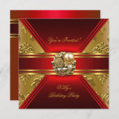 Birthday Party Damask Red Gold Invite Kaart (Voorkant / Achterkant)
