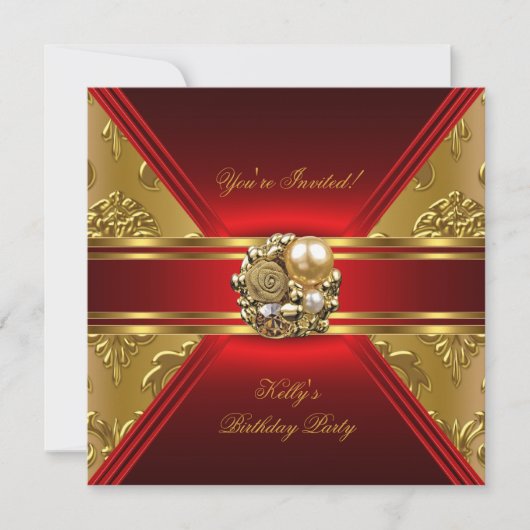 Birthday Party Damask Red Gold Invite Kaart (Voorkant)