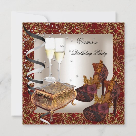 Birthday Party Damask Red Gold Shoes Cream Kaart (Voorkant)