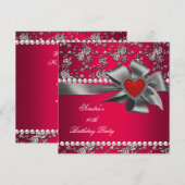 Birthday Party Damask Red Silver White Pearl Kaart (Voorkant / Achterkant)