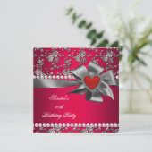 Birthday Party Damask Red Silver White Pearl Kaart (Staand voorkant)