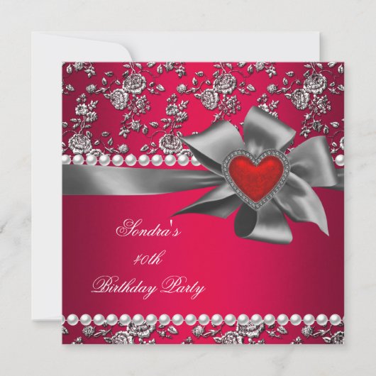 Birthday Party Damask Red Silver White Pearl Kaart (Voorkant)