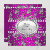 Birthday Party Damask roze Paars White Pearl Kaart (Voorkant / Achterkant)