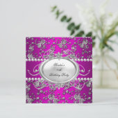 Birthday Party Damask roze Paars White Pearl Kaart (Staand voorkant)