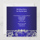 Birthday Party Dark Blue Floral Damask Silver Kaart (Achterkant)