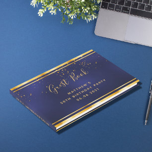 Birthday Party dark blue gold confetti Gastenboek