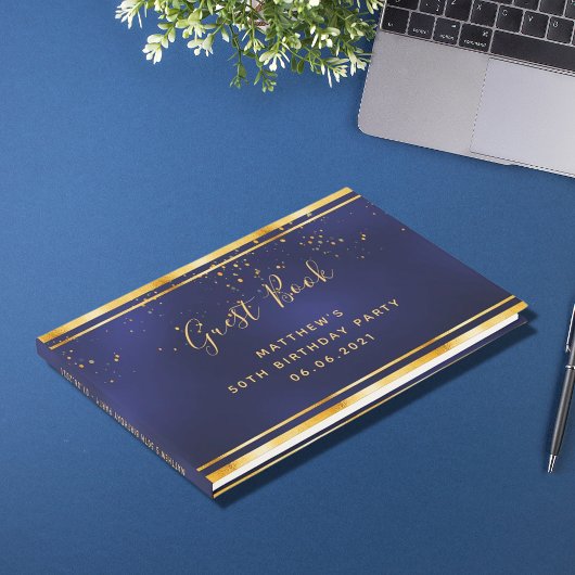 Birthday Party dark blue gold confetti Gastenboek