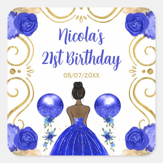 Birthday Party Dark Skin Princess in Blue Vierkante Sticker (Voorkant)