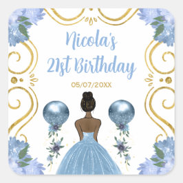 Birthday Party Dark Skin Princess in Dusty Blue Vierkante Sticker