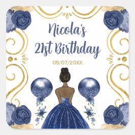 Birthday Party Dark Skin Princess in Navy Blue Vierkante Sticker