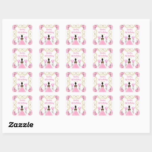 Birthday Party Dark Skin Princess in Pink Vierkante Sticker (Vel)