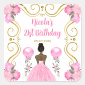 Birthday Party Dark Skin Princess in Pink Vierkante Sticker (Voorkant)