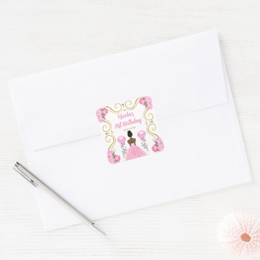Birthday Party Dark Skin Princess in Pink Vierkante Sticker (Envelop)