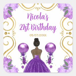 Birthday Party Dark Skin Princess in Purple Vierkante Sticker