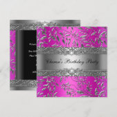 Birthday Party Diamond Hot Pink Floral Silver Kaart (Voorkant / Achterkant)