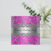 Birthday Party Diamond Hot Pink Floral Silver Kaart (Staand voorkant)