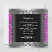 Birthday Party Diamond Hot Pink Floral Silver Kaart (Achterkant)