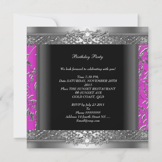 Birthday Party Diamond Hot Pink Floral Silver Kaart (Achterkant)