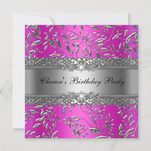 Birthday Party Diamond Hot Pink Floral Silver Kaart (Voorkant)