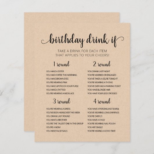 Birthday Party Drink als Game bewerkbare kaart (Voorkant / Achterkant)