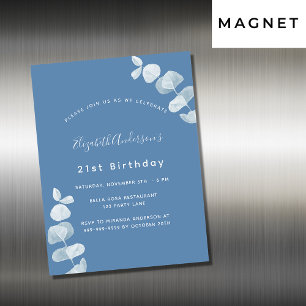 Birthday party dusty blue eucalyptus luxe magnetische uitnodiging