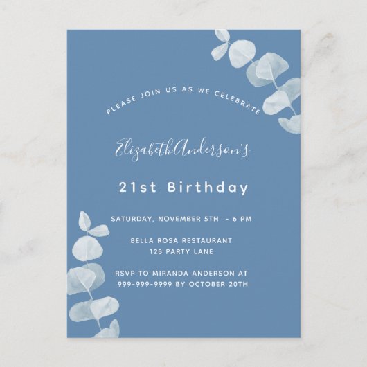 Birthday party dusty white eucalyptus uitnodiging briefkaart (Voorkant)