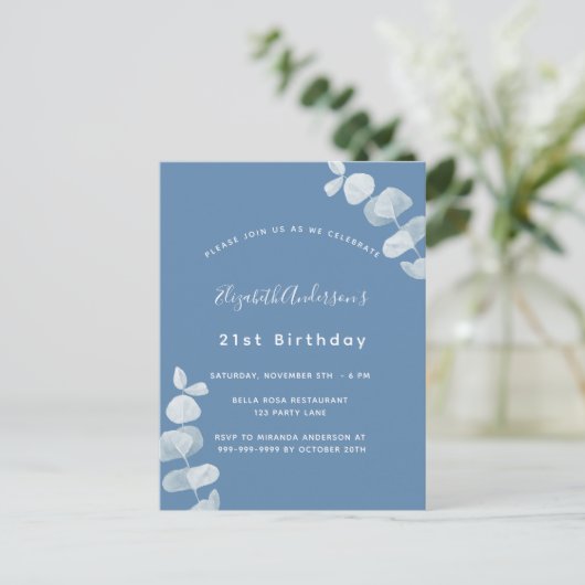 Birthday party dusty white eucalyptus uitnodiging briefkaart (Staand voorkant)