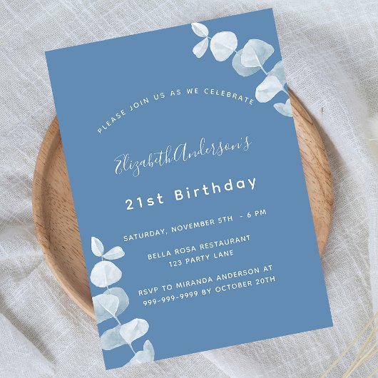 Birthday party dusty white eucalyptus uitnodiging briefkaart