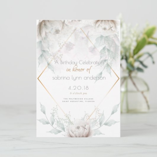 Birthday Party | Elegant Alabaster White Peonies Kaart (Staand voorkant)
