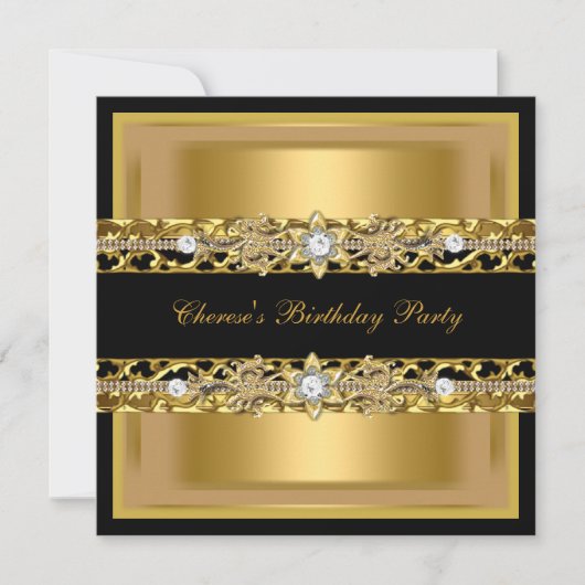 Birthday Party Elegant Black Gold Diamond Jewel 2 Kaart (Voorkant)