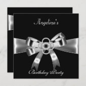 Birthday Party Elegant Black Silver Metal Bow 3 Kaart (Voorkant / Achterkant)