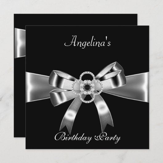 Birthday Party Elegant Black Silver Metal Bow 3 Kaart (Voorkant / Achterkant)