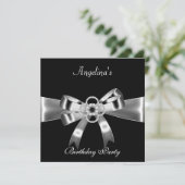 Birthday Party Elegant Black Silver Metal Bow 3 Kaart (Staand voorkant)